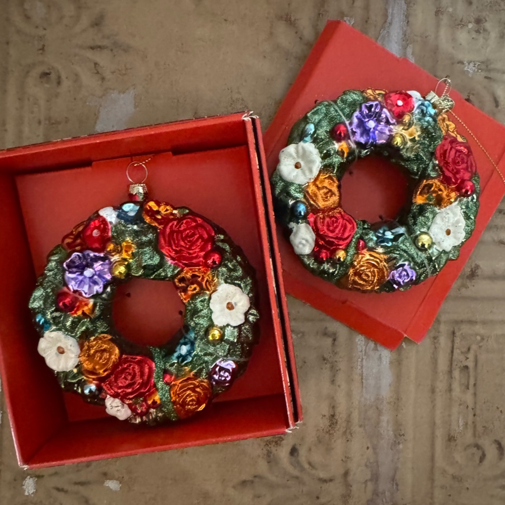 Set of Two- John Derain Floral Holiday Wreath Ornaments